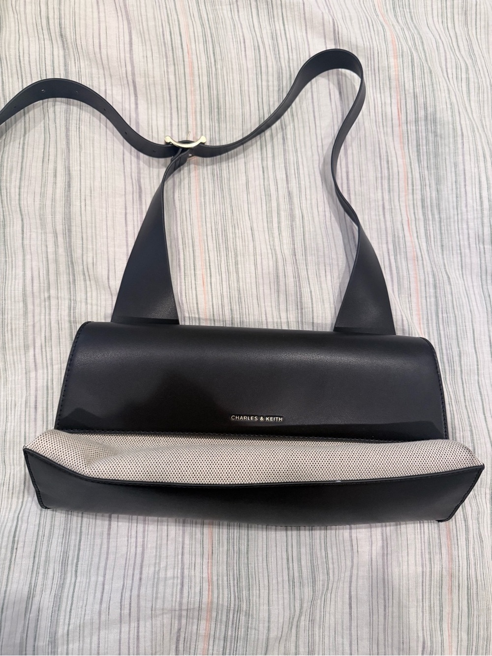 Charles & Keith Black Shoulder Bag with Cream Mesh Accent
